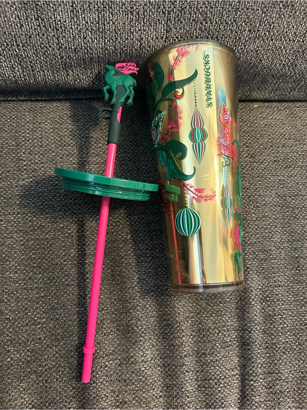 Starbucks Holiday Collection Gold Floral Tumbler with Green and Pink Accents